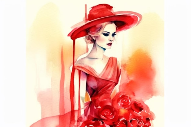 Une femme avec un chapeau rouge et une robe rouge