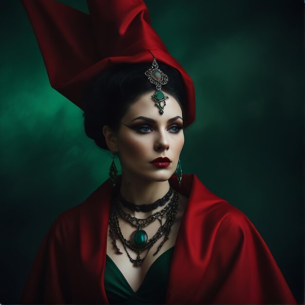 une femme avec un chapeau rouge et une robe verte avec un fond vert