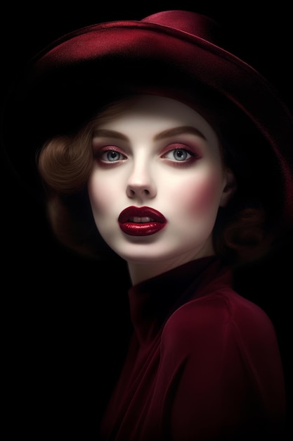 Une femme avec un chapeau rouge et un rouge à lèvres rouge