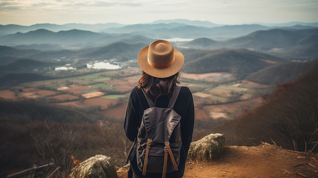 Photo femme avec un chapeau et un sac à dos admirant la vue sur la montagne et le lac du sommet à la lumière du soleil