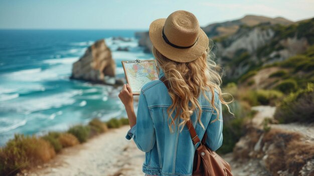 Une femme avec un chapeau et un sac à dos regardant l'océan.