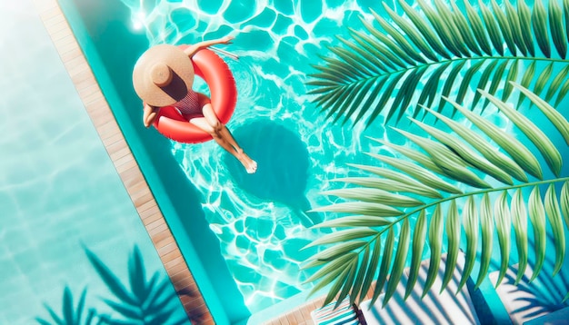 Photo une femme avec un chapeau de soleil flotte sur un anneau gonflable dans une piscine par une journée ensoleillée fêtes d'été chère