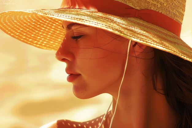 Une femme en chapeau de soleil en vacances sur la plage