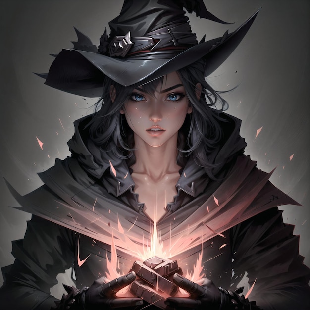Une femme avec un chapeau de sorcière faisant un sort de feu.