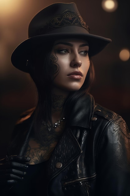 Une femme avec un chapeau et une veste en cuir avec des tatouages dessus.