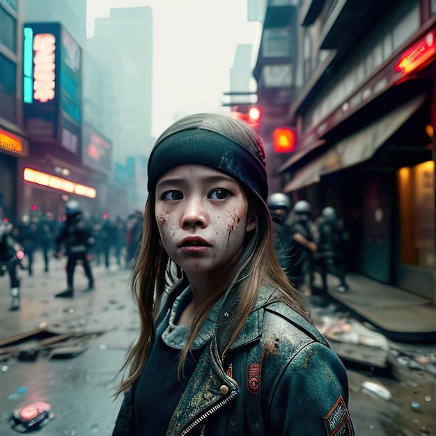 Une femme avec un chapeau et une veste dans une ville surpeuplée.