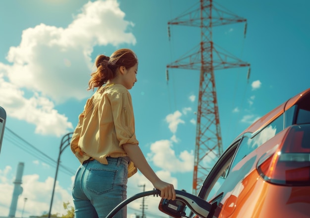 Femme chargant un véhicule électrique