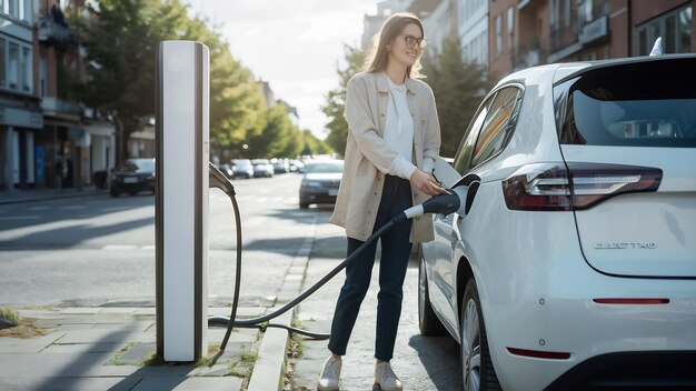 Femme chargant une voiture électrique dans la rue