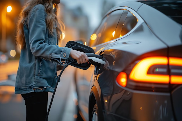 femme chargeant une voiture électrique générée par l'IA