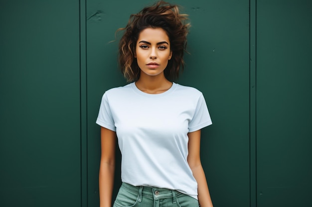 Une femme charmante en T-shirt élégant sourit et montre des signes de paix