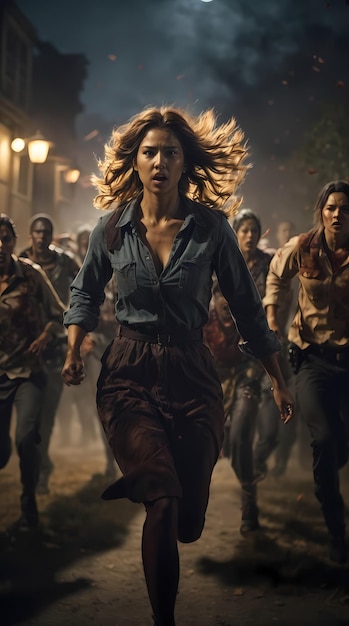 Une femme de chasse passionnante fuyant les zombies dans les ténèbres de la nuit d'Halloween