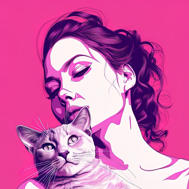 une femme avec un chat et un fond rose