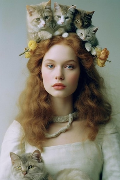 Une femme avec un chat sur la tête et une couronne de fleurs sur la tête.