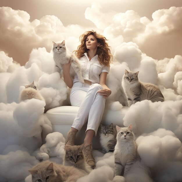 Photo une femme avec des chats dans les nuages