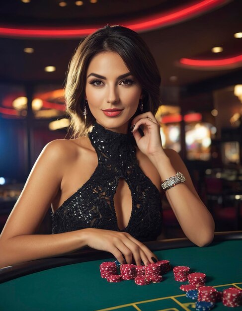 une femme chaude avec un croupier de casino en direct à la table de blackjack