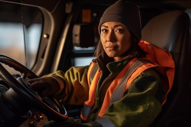 Une femme chauffeur de camion de livraison assise à la barre.