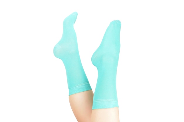 Femme en chaussettes bleues isolé sur fond blanc Vue de dessus