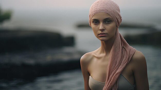 Une femme chauve devant l'eau à l'occasion de la Journée mondiale du cancer