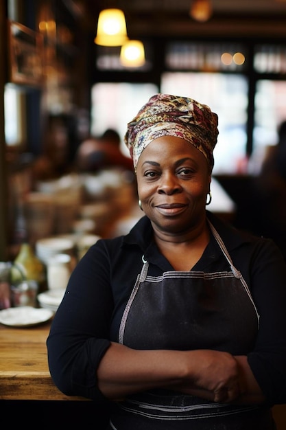 Femme chef afro-américaine pose confiante senior