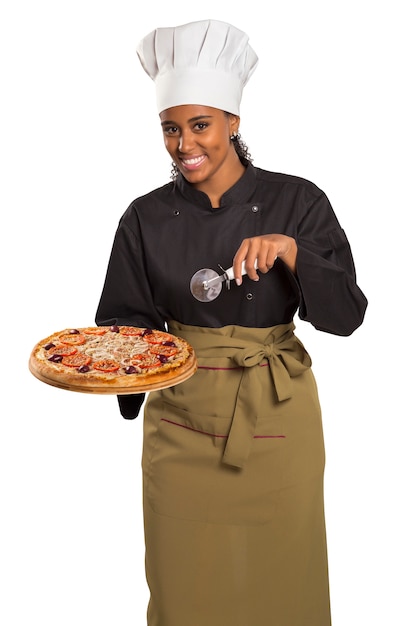 Femme chef, donner, pizza, isolé, blanc, espace