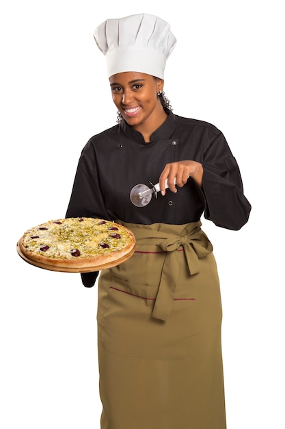 Femme chef, donner, pizza, isolé, blanc, espace