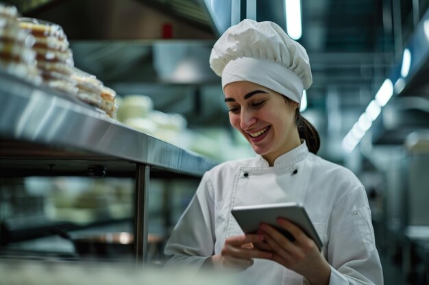 Femme chef examinant la tablette