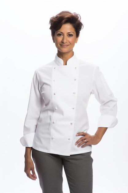 Femme chef HispanicLatino pose confiante d'âge moyen