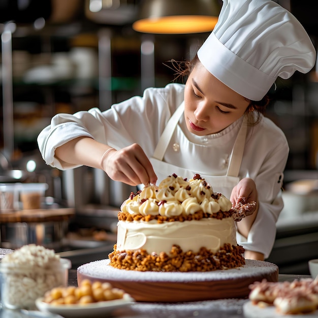 Une femme chef prépare un gâteau dans la cuisine