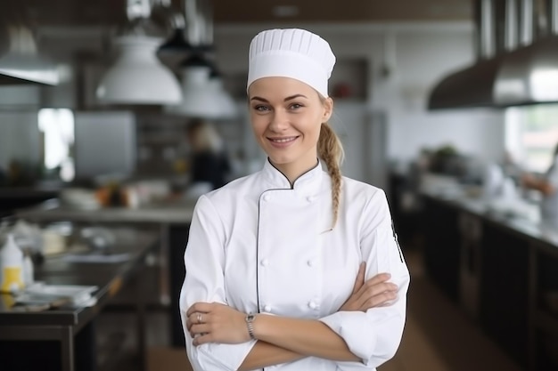 femme chef souriante dans une cuisine