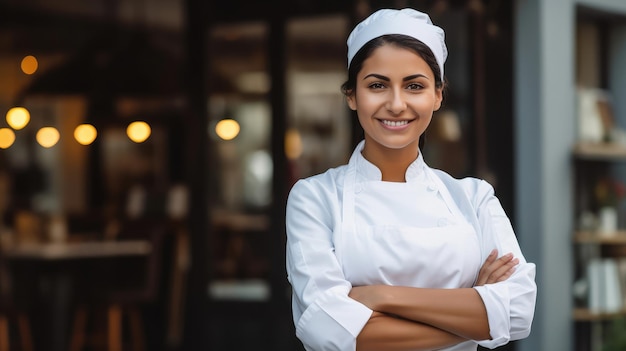 Une femme chef souriante devant son restaurant avec un espace de copie