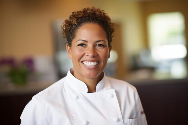 Photo une femme chef sourit devant une caméra