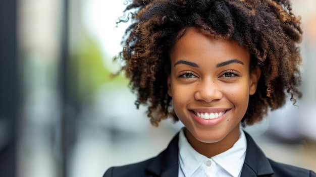une femme avec une chemise blanche et un blazer noir pose pour une photo