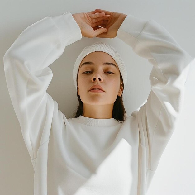 une femme en chemise blanche et un chapeau blanc