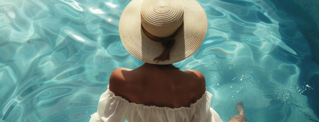 Femme en chemise blanche et chapeau debout dans une piscine d'eau