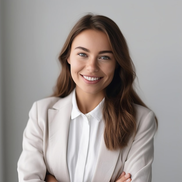 Une femme avec une chemise blanche et une chemise blanche sourit et sourit.