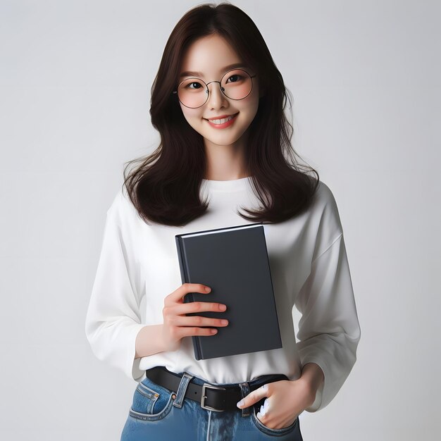 Photo une femme en chemise blanche et en jeans bleus tient un livre