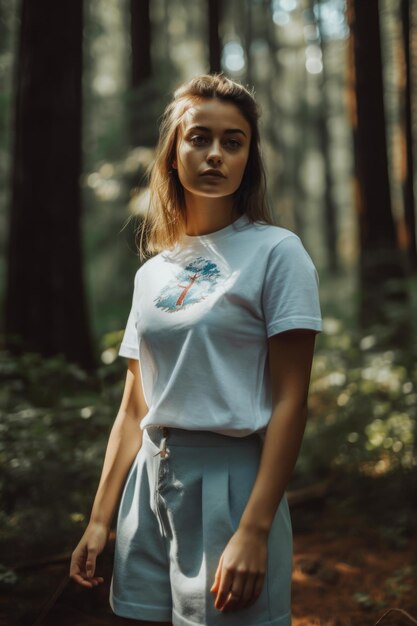 Une femme en chemise blanche avec un logo bleu sur le devant