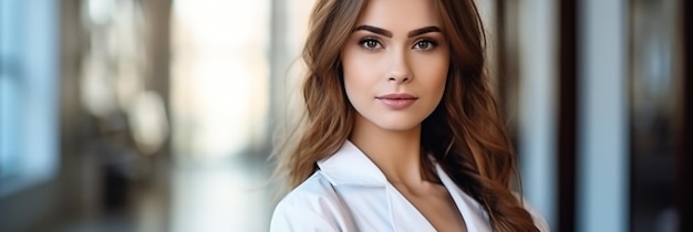 une femme en chemise blanche avec de longs cheveux bruns