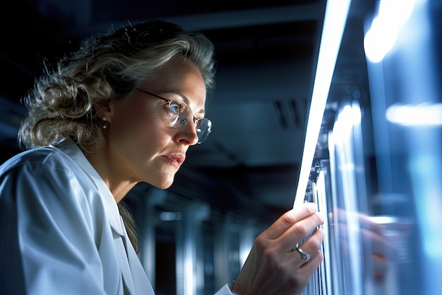 Photo une femme en chemise blanche et des lunettes regardant quelque chose.