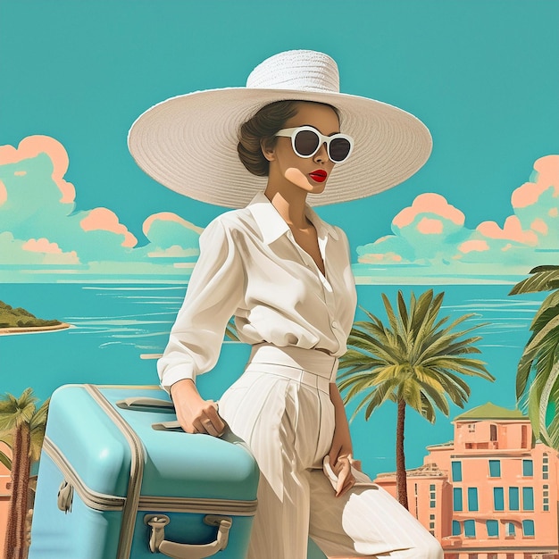 Photo une femme en chemise blanche et lunettes de soleil se tient devant une scène de plage
