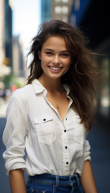 une femme en chemise blanche marche dans la rue.