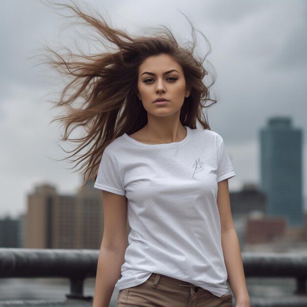 Une femme en chemise blanche avec le mot "s" dessus.