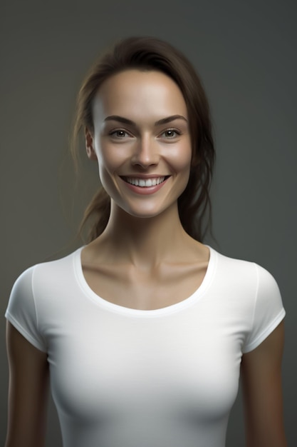Une femme avec une chemise blanche qui dit "sourire" dessus