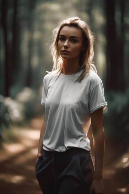 Une femme en chemise blanche se tient dans une forêt.