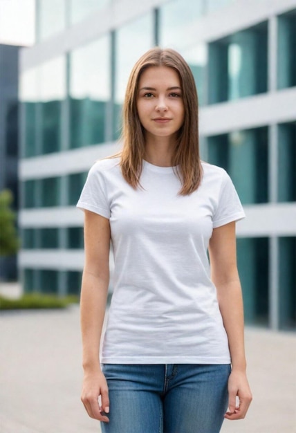 Photo une femme en chemise blanche se tient devant un bâtiment