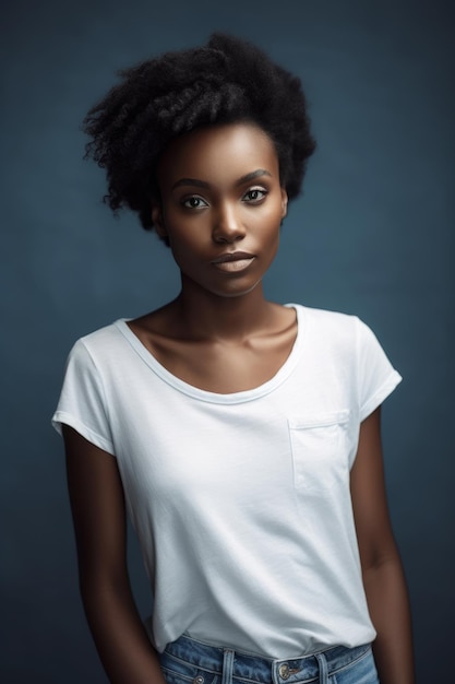 Une femme en chemise blanche se tient devant un fond bleu foncé.