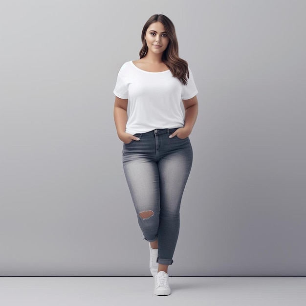 Une femme en chemise blanche se tient devant un mur gris.