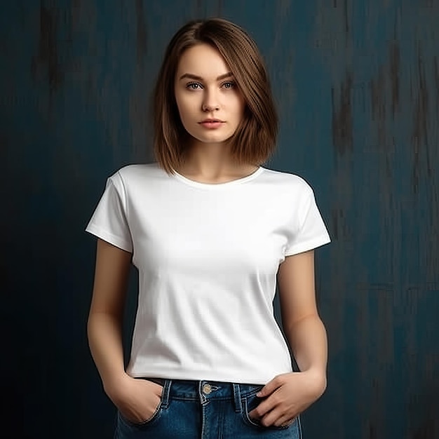 une femme en chemise blanche se tient devant un mur avec ses mains sur ses hanches