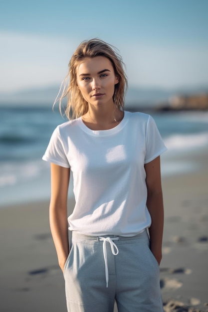 Une femme en chemise blanche se tient sur la plage