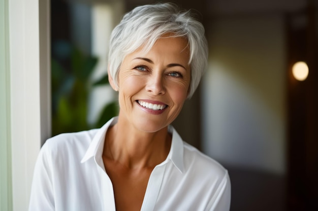 Femme en chemise blanche souriant à la caméra AI générative